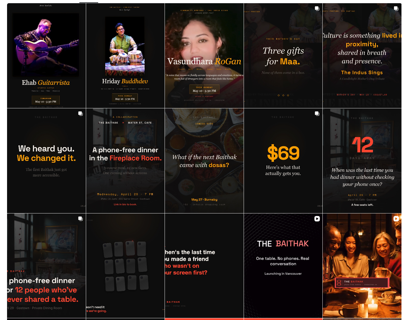 A grid of recent posts from @thebaithakca on Instagram — artist spotlights, voices, and event teasers